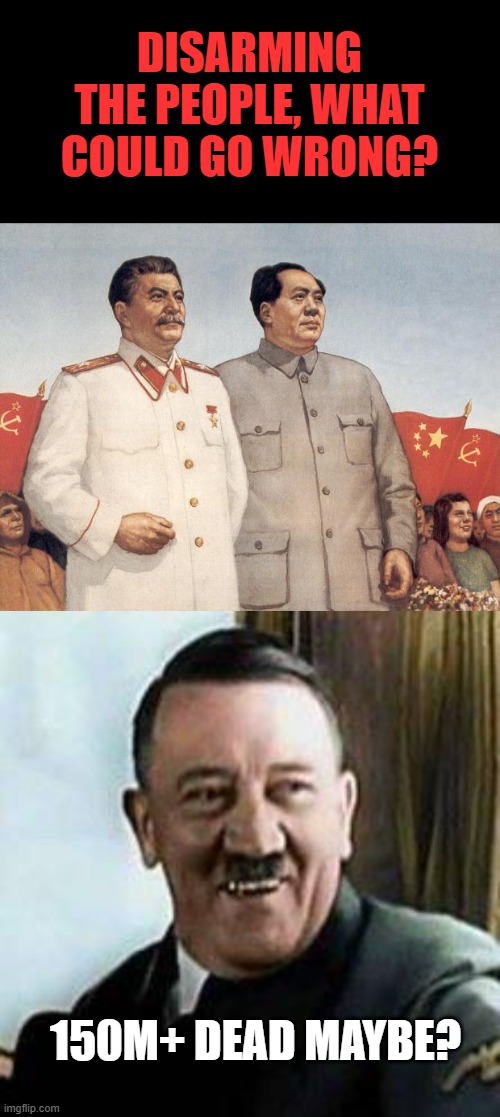 DISARMING THE PEOPLE, WHAT COULD GO WRONG? 150M+ DEAD MAYBE? | image tagged in stalin and mao,laughing hitler | made w/ Imgflip meme maker