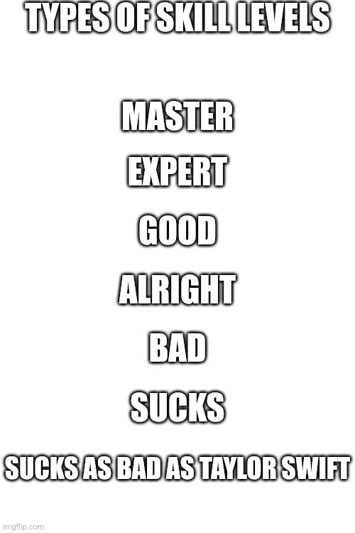 What skill level are you | TYPES OF SKILL LEVELS; MASTER; EXPERT; GOOD; ALRIGHT; BAD; SUCKS; SUCKS AS BAD AS TAYLOR SWIFT | image tagged in oh wow are you actually reading these tags | made w/ Imgflip meme maker