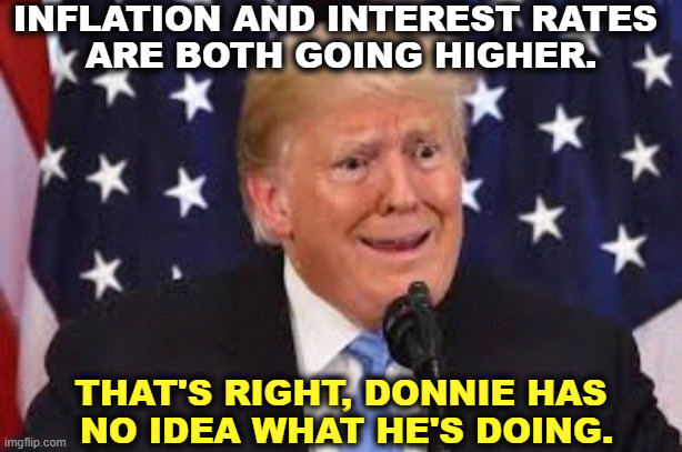 Welcome to TrumpWorld. | INFLATION AND INTEREST RATES 
ARE BOTH GOING HIGHER. THAT'S RIGHT, DONNIE HAS
 NO IDEA WHAT HE'S DOING. | image tagged in trump dilated and taken aback,trump,inflation,interest rates,too damn high | made w/ Imgflip meme maker