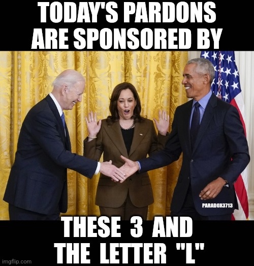 What degenerates are they rewarding today? | TODAY'S PARDONS ARE SPONSORED BY; THESE  3  AND  THE  LETTER  "L"; PARADOX3713 | image tagged in memes,politics,democrats,republicans,joe biden,trending | made w/ Imgflip meme maker