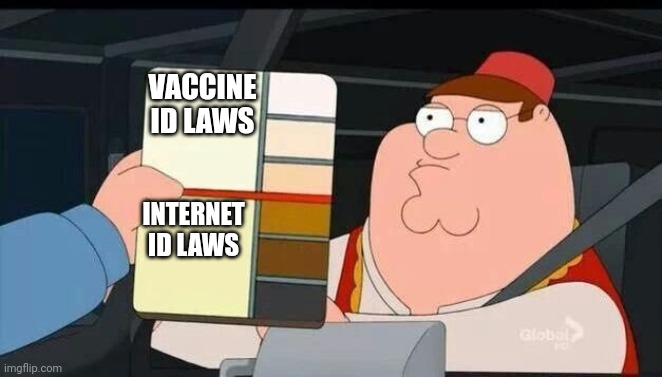 Peter Griffin skin color chart race terrorist blank | VACCINE ID LAWS; INTERNET ID LAWS | image tagged in peter griffin skin color chart race terrorist blank | made w/ Imgflip meme maker