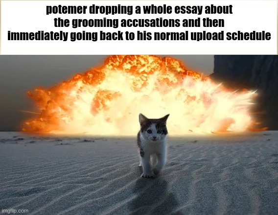 catexplode.jpeg | potemer dropping a whole essay about the grooming accusations and then immediately going back to his normal upload schedule | image tagged in t ellery hodges action cat walks away from explosion | made w/ Imgflip meme maker