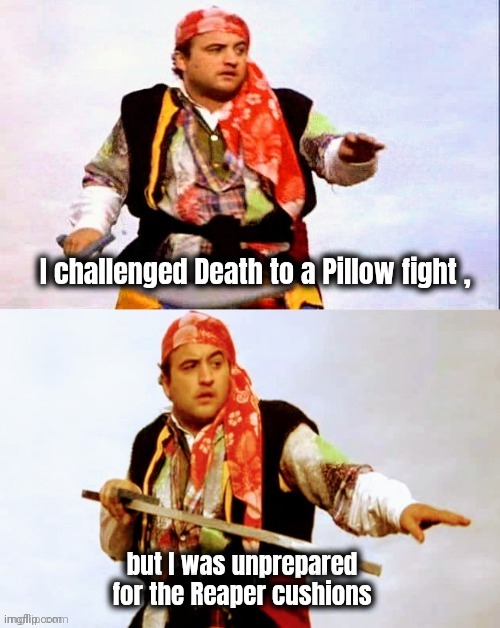 A Fair Fight | I challenged Death to a Pillow fight , but I was unprepared for the Reaper cushions | image tagged in pirate joke,ouch,sorry,sounded better in my head | made w/ Imgflip meme maker