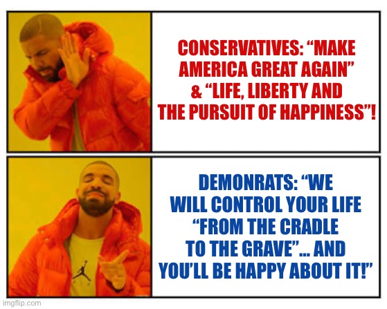 No - Yes | CONSERVATIVES: “MAKE AMERICA GREAT AGAIN” & “LIFE, LIBERTY AND THE PURSUIT OF HAPPINESS”! DEMONRATS: “WE WILL CONTROL YOUR LIFE “FROM THE CRADLE TO THE GRAVE”… AND YOU’LL BE HAPPY ABOUT IT!” | image tagged in no - yes | made w/ Imgflip meme maker