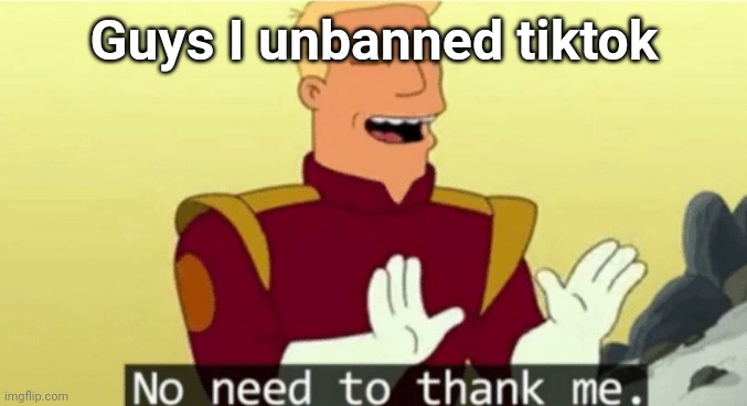 No need to thank me | Guys I unbanned tiktok | image tagged in no need to thank me | made w/ Imgflip meme maker