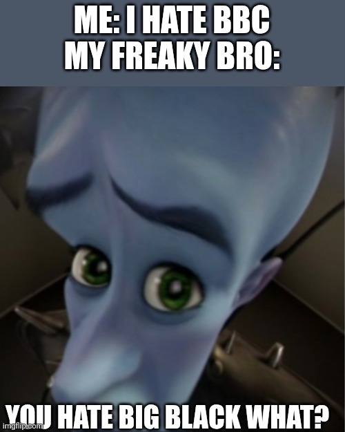 Megamind peeking | ME: I HATE BBC
MY FREAKY BRO:; YOU HATE BIG BLACK WHAT? | image tagged in megamind peeking | made w/ Imgflip meme maker