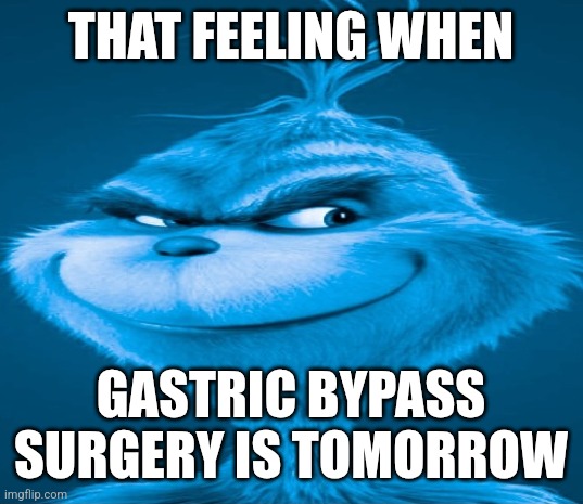 Blue Grinch | THAT FEELING WHEN; GASTRIC BYPASS SURGERY IS TOMORROW | image tagged in blue grinch | made w/ Imgflip meme maker