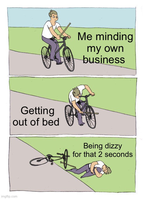 Bike Fall | Me minding my own business; Getting out of bed; Being dizzy for that 2 seconds | image tagged in memes,bike fall | made w/ Imgflip meme maker