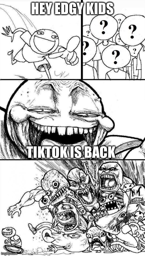 TikTok Is Back Deal With It | HEY EDGY KIDS; TIKTOK IS BACK | image tagged in angry mob,tiktok,funny,memes,social media,edgy kids | made w/ Imgflip meme maker