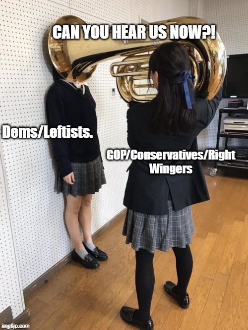 Girl With Tuba On Her Head (Textbox fixed) | CAN YOU HEAR US NOW?! GOP/Conservatives/Right Wingers Dems/Leftists. | image tagged in girl with tuba on her head textbox fixed | made w/ Imgflip meme maker