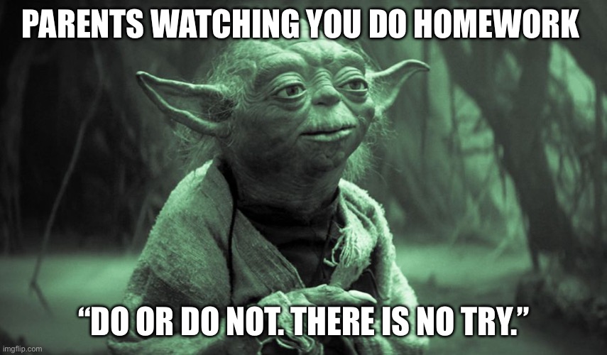 yoda | PARENTS WATCHING YOU DO HOMEWORK; “DO OR DO NOT. THERE IS NO TRY.” | image tagged in yoda | made w/ Imgflip meme maker