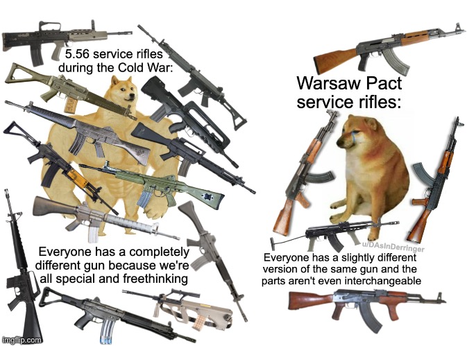 NATO Rifles vs Warsaw Pact Rifles | image tagged in nato rifles vs warsaw pact rifles | made w/ Imgflip meme maker