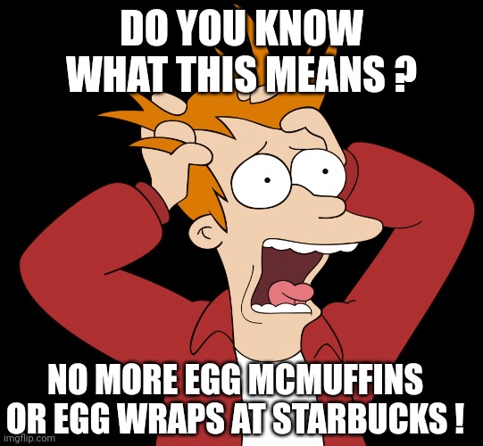 Futurama Fry Screaming | DO YOU KNOW WHAT THIS MEANS ? NO MORE EGG MCMUFFINS OR EGG WRAPS AT STARBUCKS ! | image tagged in futurama fry screaming | made w/ Imgflip meme maker