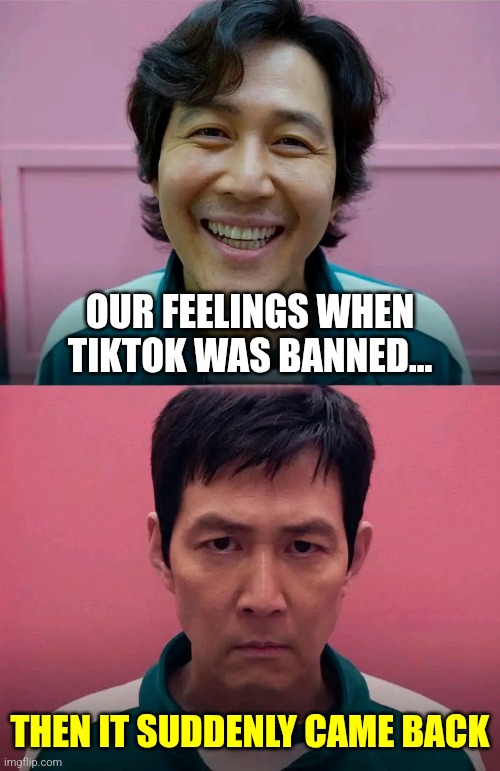 TikTok is back... again... | OUR FEELINGS WHEN TIKTOK WAS BANNED... THEN IT SUDDENLY CAME BACK | image tagged in squid game,tiktok sucks,wtf,sad,get out,memes | made w/ Imgflip meme maker