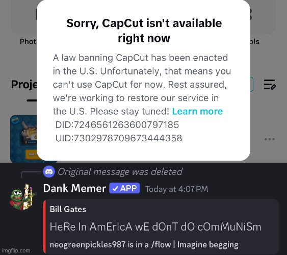 In America we don’t do communism | image tagged in capcut,tiktok,ban,dankmemer | made w/ Imgflip meme maker