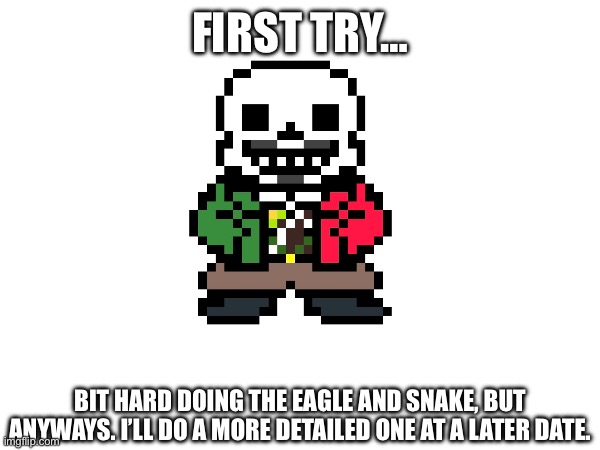 sans de México, includes moustache and goatee | FIRST TRY…; BIT HARD DOING THE EAGLE AND SNAKE, BUT ANYWAYS. I’LL DO A MORE DETAILED ONE AT A LATER DATE. | made w/ Imgflip meme maker