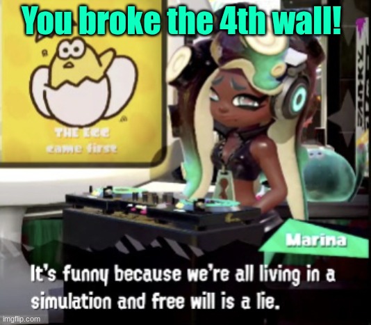 You broke the 4th wall! | image tagged in marina breaks the 4th wall | made w/ Imgflip meme maker