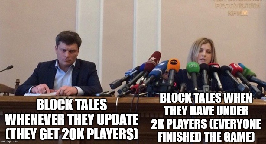 i love block tales but its the truth. | BLOCK TALES WHENEVER THEY UPDATE (THEY GET 20K PLAYERS); BLOCK TALES WHEN THEY HAVE UNDER 2K PLAYERS (EVERYONE FINISHED THE GAME) | image tagged in man and woman microphone | made w/ Imgflip meme maker