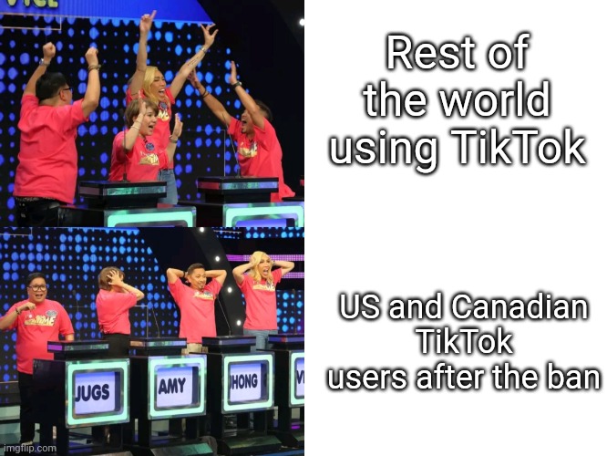 TikTok Ban aftermath | Rest of the world using TikTok; US and Canadian TikTok users after the ban | image tagged in celebrate early lose the game later,memes,tiktok | made w/ Imgflip meme maker