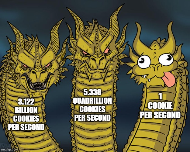 Three-headed Dragon | 5.338 QUADRILLION COOKIES PER SECOND; 1 COOKIE PER SECOND; 3.122 BILLION COOKIES PER SECOND | image tagged in three-headed dragon | made w/ Imgflip meme maker