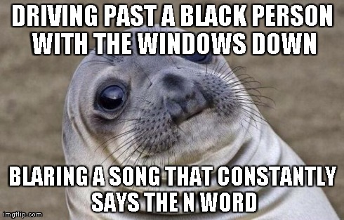 Awkward Moment Sealion Meme | DRIVING PAST A BLACK PERSON WITH THE WINDOWS DOWN BLARING A SONG THAT CONSTANTLY SAYS THE N WORD | image tagged in memes,awkward moment sealion | made w/ Imgflip meme maker