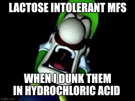 Luigi Screaming | LACTOSE INTOLERANT MFS; WHEN I DUNK THEM IN HYDROCHLORIC ACID | image tagged in luigi screaming | made w/ Imgflip meme maker