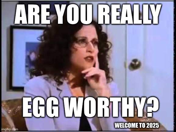 Egg worthy | ARE YOU REALLY; EGG WORTHY? WELCOME TO 2025 | image tagged in elaine sponge,eggs,gas prices,inflation | made w/ Imgflip meme maker