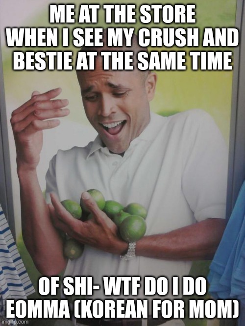 Why Can't I Hold All These Limes | ME AT THE STORE WHEN I SEE MY CRUSH AND BESTIE AT THE SAME TIME; OF SHI- WTF DO I DO EOMMA (KOREAN FOR MOM) | image tagged in memes,why can't i hold all these limes | made w/ Imgflip meme maker