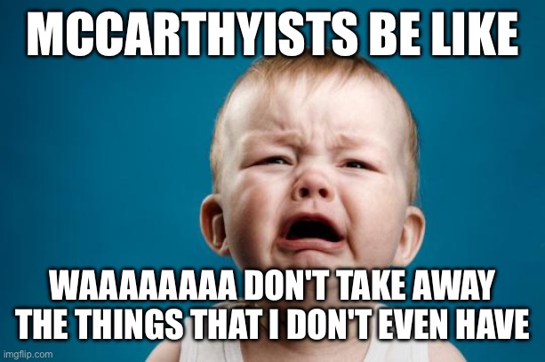 McCarthyists | MCCARTHYISTS BE LIKE; WAAAAAAAA DON'T TAKE AWAY THE THINGS THAT I DON'T EVEN HAVE | image tagged in baby crying | made w/ Imgflip meme maker