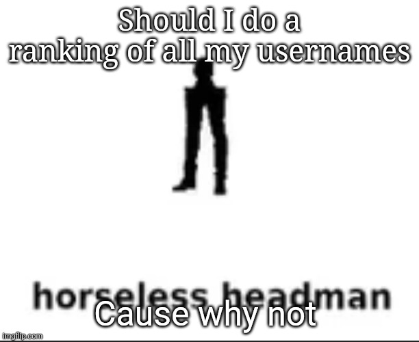 horseless headman | Should I do a ranking of all my usernames; Cause why not | image tagged in horseless headman | made w/ Imgflip meme maker