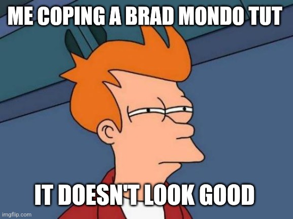 Brad lied to me | ME COPING A BRAD MONDO TUT; IT DOESN'T LOOK GOOD | image tagged in memes,futurama fry | made w/ Imgflip meme maker