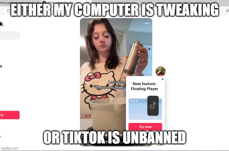 scratch day 1 no tiktok | EITHER MY COMPUTER IS TWEAKING; OR TIKTOK IS UNBANNED | image tagged in tiktok | made w/ Imgflip meme maker