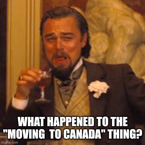 Laughing Leo Meme | WHAT HAPPENED TO THE "MOVING  TO CANADA" THING? | image tagged in memes,laughing leo | made w/ Imgflip meme maker