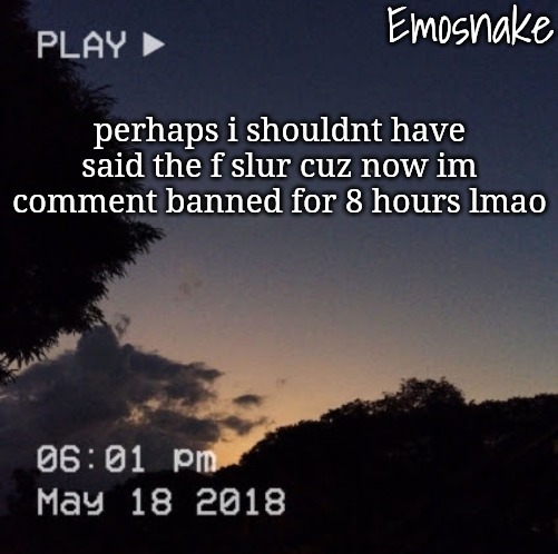 Emosnake's dreamy temp | perhaps i shouldnt have said the f slur cuz now im comment banned for 8 hours lmao | image tagged in emosnake's dreamy temp | made w/ Imgflip meme maker