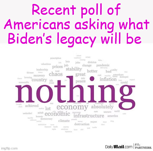 Nothing | Recent poll of Americans asking what Biden’s legacy will be | image tagged in poll,what will biden legacy be,nothing | made w/ Imgflip meme maker