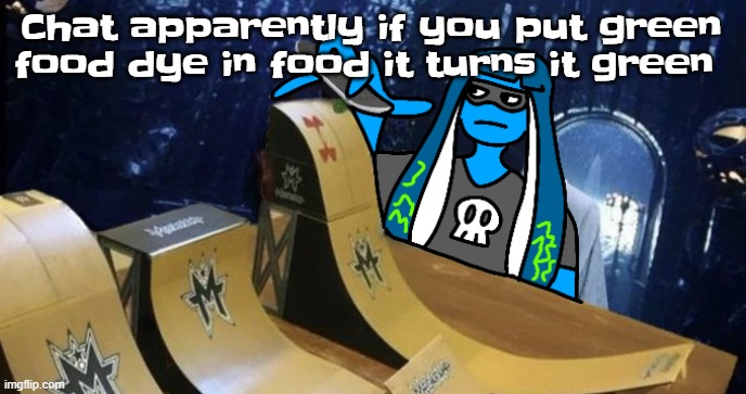 Skatezboard | Chat apparently if you put green food dye in food it turns it green | image tagged in skatezboard | made w/ Imgflip meme maker