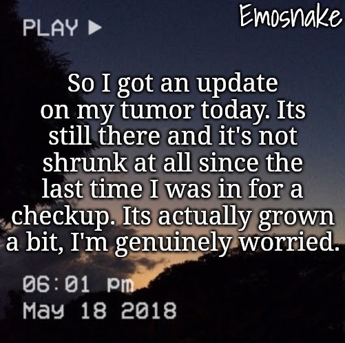 Emosnake's dreamy temp | So I got an update on my tumor today. Its still there and it's not shrunk at all since the last time I was in for a checkup. Its actually grown a bit, I'm genuinely worried. | image tagged in emosnake's dreamy temp | made w/ Imgflip meme maker