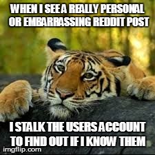 Confession Tiger | WHEN I SEE A REALLY PERSONAL OR EMBARRASSING REDDIT POST I STALK THE USERS ACCOUNT TO FIND OUT IF I KNOW THEM | image tagged in confession tiger,AdviceAnimals | made w/ Imgflip meme maker