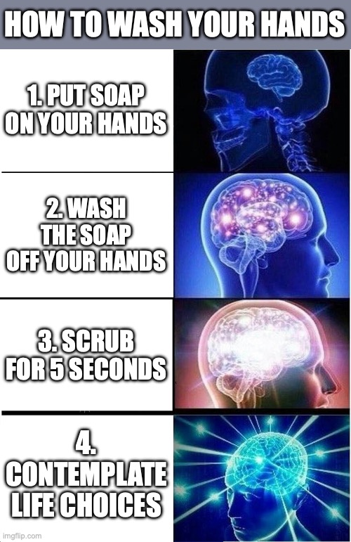 Wash hands | HOW TO WASH YOUR HANDS; 1. PUT SOAP ON YOUR HANDS; 2. WASH THE SOAP OFF YOUR HANDS; 3. SCRUB FOR 5 SECONDS; 4. CONTEMPLATE LIFE CHOICES | image tagged in memes,expanding brain | made w/ Imgflip meme maker