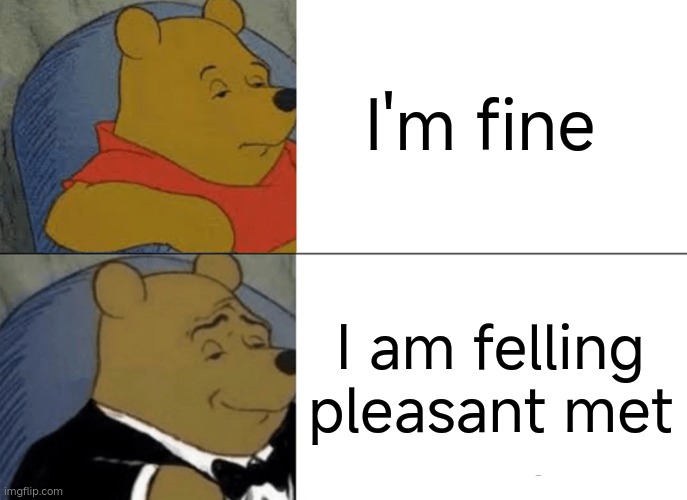 oh | I'm fine; I am felling pleasant met | image tagged in memes,tuxedo winnie the pooh | made w/ Imgflip meme maker