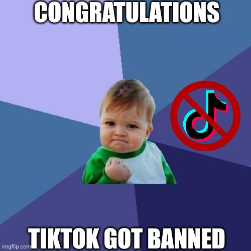 Finally | CONGRATULATIONS; TIKTOK GOT BANNED | image tagged in memes,success kid,tiktok banned in us | made w/ Imgflip meme maker