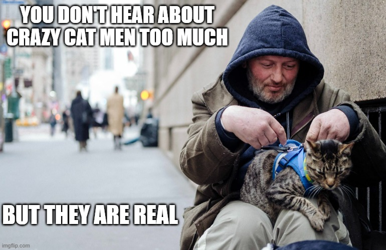 memes by Brad - Crazy Cat Men are more rare but they do exist | YOU DON'T HEAR ABOUT CRAZY CAT MEN TOO MUCH; BUT THEY ARE REAL | image tagged in funny,cats,kitten,crazy cat lady,humor,crazy | made w/ Imgflip meme maker