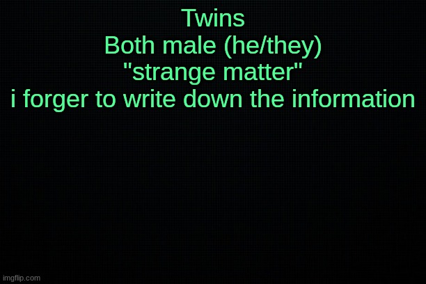 The Black | Twins
Both male (he/they)
"strange matter"
i forger to write down the information | image tagged in the black | made w/ Imgflip meme maker