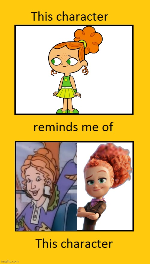 Little Izzy Reminds Me of Ms Frizzle and Tulip | image tagged in this character reminds me of this character,storks,magic school bus,total dramarama,curly hair,redhead | made w/ Imgflip meme maker