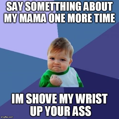 Success Kid Meme | SAY SOMETTHING ABOUT MY MAMA ONE MORE TIME  IM SHOVE MY WRIST UP YOUR ASS | image tagged in memes,success kid | made w/ Imgflip meme maker