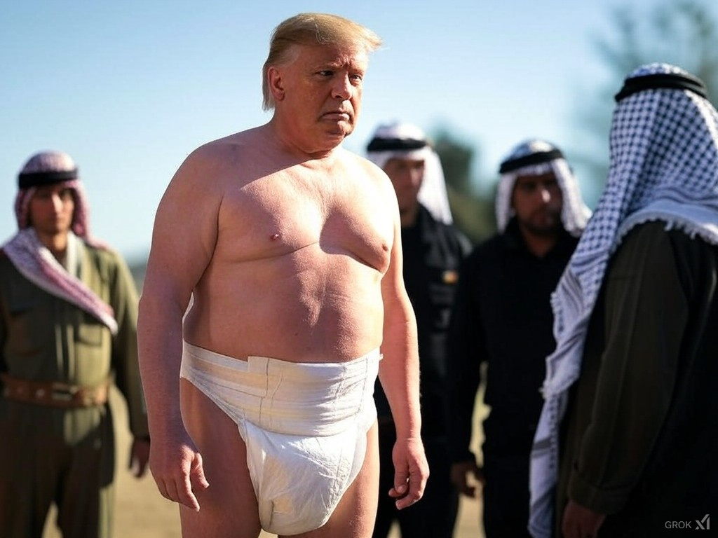 Donald Trump in diapers talking to Palestinian terrorists. Blank Meme Template