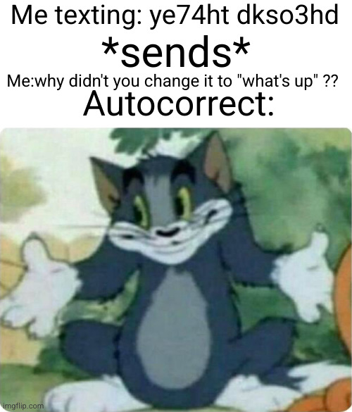 autocorrect be tripping sometimes | Me texting: ye74ht dkso3hd; *sends*; Autocorrect:; Me:why didn't you change it to "what's up" ?? | image tagged in tom shrugging,funny,tom,tom and jerry,texting,autocorrect | made w/ Imgflip meme maker