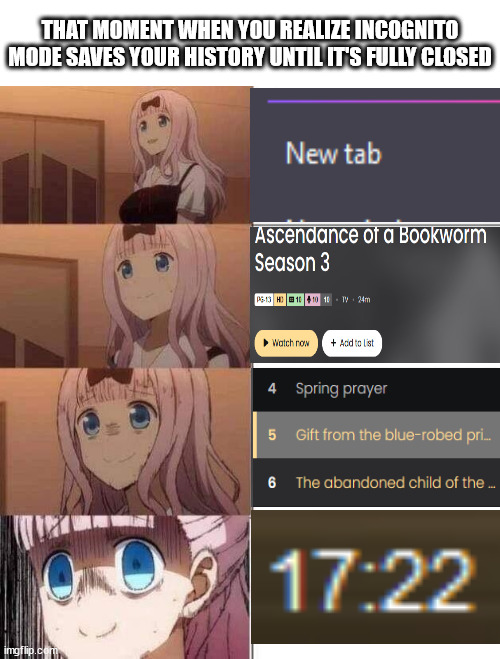 Of course nothing sinister here. just getting my daily dose of cuteness | THAT MOMENT WHEN YOU REALIZE INCOGNITO MODE SAVES YOUR HISTORY UNTIL IT'S FULLY CLOSED | image tagged in chika template,memes,ascendance of a bookworm,anime meme,incognito tab | made w/ Imgflip meme maker