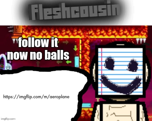 Fleshcousin temp 2.0 | follow it now no balls; https://imgflip.com/m/aeroplane | image tagged in fleshcousin temp 2 0 | made w/ Imgflip meme maker