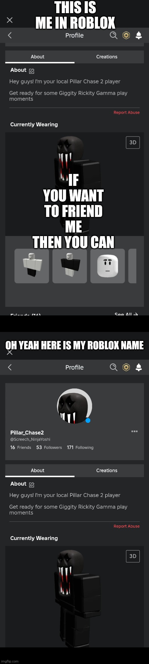 Just a Shamless Plug (also i may change my avatar from time to time just remember my name and About) | THIS IS ME IN ROBLOX; IF YOU WANT TO FRIEND ME THEN YOU CAN; OH YEAH HERE IS MY ROBLOX NAME | image tagged in roblox | made w/ Imgflip meme maker